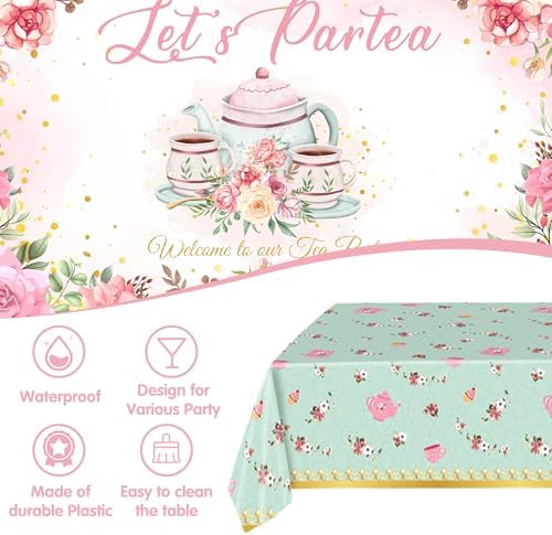 Tea Party Decorations For Women,Pastel Balloons,Tea Party Backdrop,Banner,Teapot Mylar Foil Balloon,Table Cloth,Paper pom poms Party Supplies for Girls - Image 6