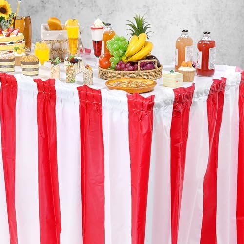 1 Pack Carnival Table Skirt Party Decorations, Red and White Striped Table Skirts, Disposable Table Decorations for Concession Stand Carnival Circus Themed Party Supplies Decorations, 2.4 x 14 Ft - Image 5