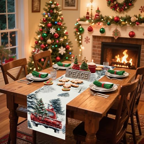 Winter Table Runner, Seasonal Christmas Kitchen Table Decoration, Suitable for Winter ChristmasFamily Gathering Indoor 13x72 inches (13x72 inches, red car) - Image 3