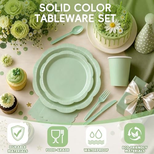 175 Pcs Sage Paper Plates and Napkins Party Supplies for 25 Guests, Food-Grade Thickened Disposable Tableware Set with Cutlerys, 7'' & 9'' Decagonal Plates for Engagement Party - Image 6