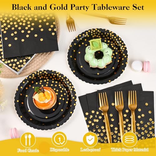 90 Pcs Black and Gold Plates and Napkins Party Supplies, Scalloped Gold Polka Dots Tableware Set Include Black Gold Dot Cake Dessert Plates, Napkin, Fork for Wedding, Retirement, Birthday, New Year - Image 3