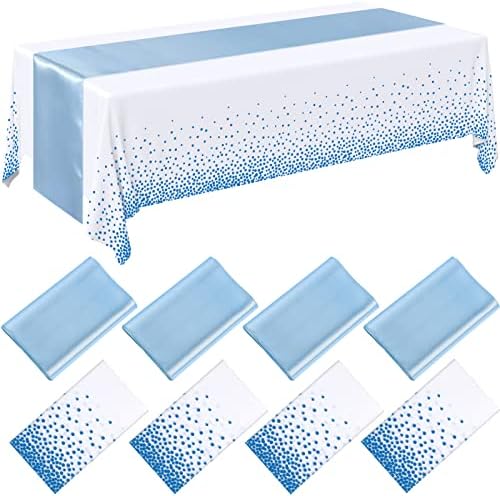 Breling 8 Pack Baby Blue and White Tablecloths and Satin Runners Set by Breling
