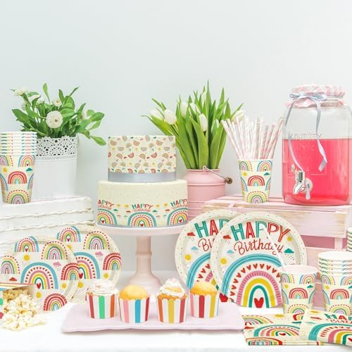 Retro Rainbow Themed Happy Birthday Party Supplies Set - Vibrant Disposable Paper Plates, Cups, Napkins, Tablecloth & Birthday Banner - Fun & Colorful Design for Boys/Girls - For 25 Guests - Image 6