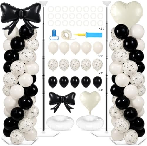 2 Sets Black Bow Balloon Column Stand Adjustable White Heart Balloon Decor by Naozinebi