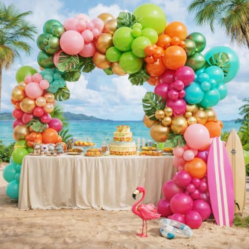 Flamingo Hawaiian Tropical Balloon Garland Arch Kit,161 Pcs Fruit Green and Hot Pink Aqua Blue Orange Gold Balloons for Hawaii Summer Beach Pool Luau Birthday Baby Shower Party Decorations - Image 5