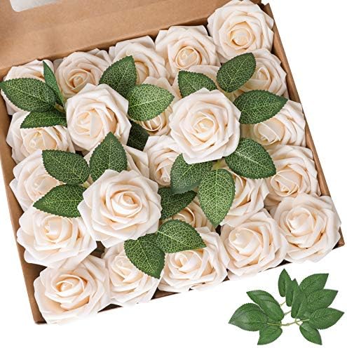 AmyHomie Champagne Rose 100pcs Real Looking Artificial Flowers w/Stem by AmyHomie