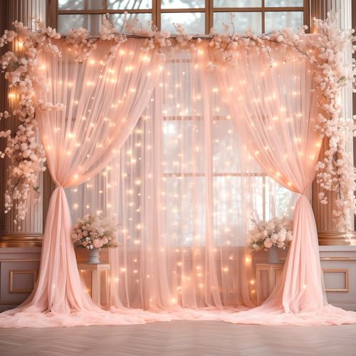 10x10ft Peach Tulle Backdrop Curtain with Lights String for Parites, Sheer Photo Backdrop Curtains with Lights for Wedding Backdrop Ceremony Reception Bridal Shower Baby Shower Birthday Party - Image 7