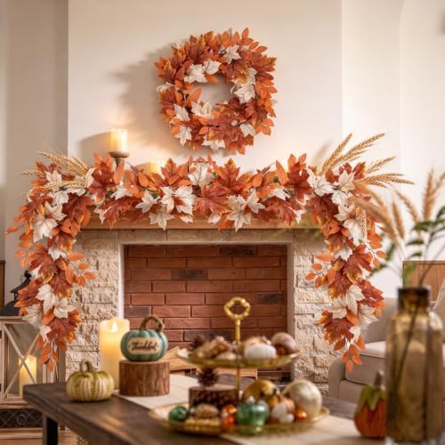 DearHouse Fall Garland Maple Leaf, Orange&White, 5.9Ft/Piec Artificial Autumn Foliage Garland Thanksgiving Decor,2 Pack - Image 2