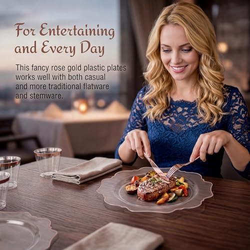 WDF 350Pcs Rose Gold Plastic Plates - Clear Rose Gold Disposable Plates 50Guest Plastic Dinnerware for Birthday/Wedding/Holidays/Thanksgiving/Christmas - Image 4