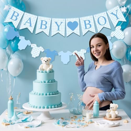 Hahafelt Baby Boy Bodysuit Banner for Baby Shower Decorations, Blue - Image 5