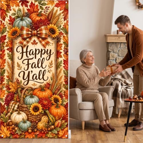 Happy Fall Y'all Door Banner 35x71 Inch Autumn Harvest Front Door Cover Decor with Pumpkins Sunflowers Maple Leaves Corn Wheat Farmhouse Hanging Flag for Porch Yard Thanksgiving Outdoor Decor - Image 6