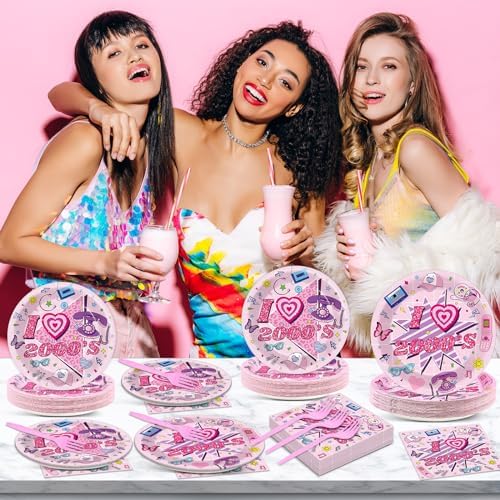 Qyeahkj 100Pcs 2000s Y2K Pink Decorations Party Supplies 90s Plates Napkins Disposable 1990s Tableware Dinnerware Birthday for 90's Kids Bachelorette Favor - Image 5