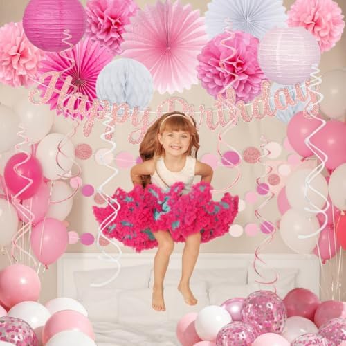 Pink White Birthday Decorations Women Girls, Happy Banner, Paper Lanterns Honeycomb, Tissue Flowers Pom Poms Fan, Light Pink Latex Balloon Pink Confetti Balloons for Birthday Party Décor - Image 6
