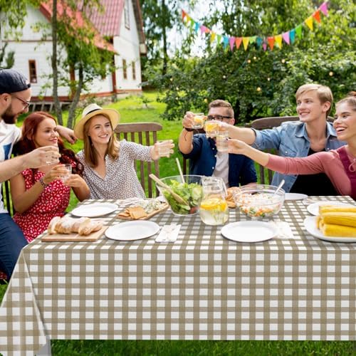 12 Pack Brown and White Plastic Checkered Tablecloth, Premium Decorative Disposable Tan Gingham Plaid Table Cloths for Parties, Rectangle Party Table Cover for Picnic Farm Birthday Fall, 54x108 Inch - Image 4