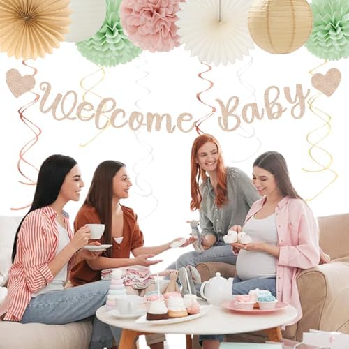 Sage-Green Pink-Beige Baby-Shower Party-Decorations - 36pcs Welcome Home Banner Sign,Girl Paper Lanterns,Neutral Streamers Garland,Boho Tissue Pom Poms Flowers Fans Backdrop Decor Burgleda - Image 7