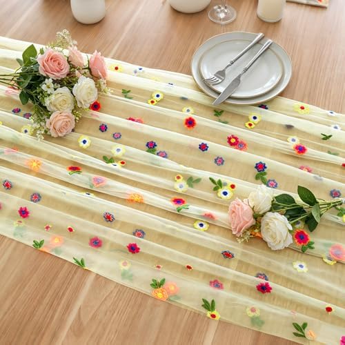 BINBE 1pcs Daisy Spring Table Runner Embroidery Gauze 10FT Florals Seasonal Tulle Holiday Birthday Kitchen Dining Table Decor for Home Party Green - Image 6