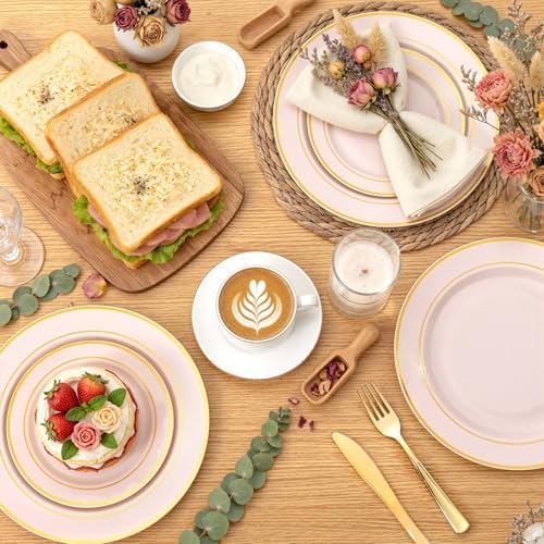 WDF Partyware 175PCS Pink plastic Plates - Pink Disposable Plates 25Guests Disposable Dinnerware Sets with Rolled Napkins for Wedding/Birthday/Baby Shower - Image 5