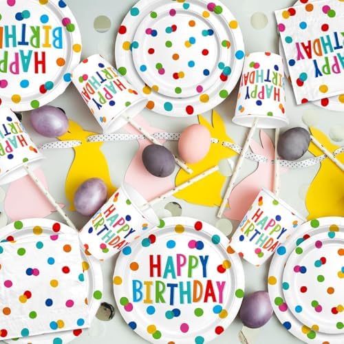 Birthday Party Supplies Set for 25 Guests, Polka Dot Happy Birthday Decorations Kit with Plates, Napkins, Cups, Tablecloth, Banner & Balloons, Colorful Unisex Party Decor - Image 3
