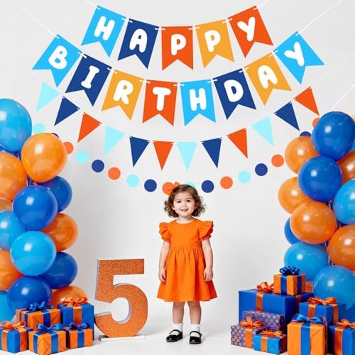 Blue Orange Happy Birthday Banner Hanging Sign Circle Dot Triangle Bunting - Image 3
