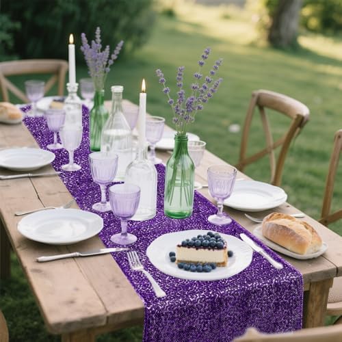 10 Packs 12 x 72 inches Sequin Table Runner, Purple Glitter Table Runner for Birthday Party Supplies Wedding Engagement Baby Shower Holiday Celebration Event Decorations - Image 2