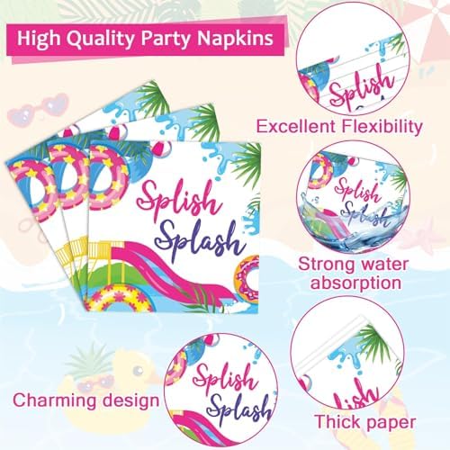 CHUNNIN 96Pcs Pink Splish Splash Plates and Napkins Summer Pool Birthday Party Decorations Splish Splash Bash Dessert Plates Summer Beach Tableware for 24 Guests Girls Hawaiian Party Supplies - Image 4