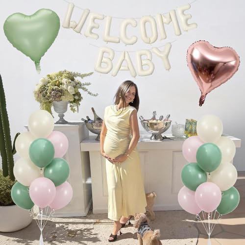 Pink and Green Baby Shower Decorations, WELCOME BABY Letter Foil Balloons Banner Backdrop Set with Sage Green Rosa Gold Cream Beige Latex & Heart Balloon for Newborn Infant Gender Reveal Party Decor - Image 5