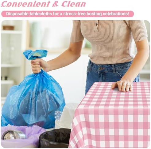 12Pack Table Cloth Rectangle Table, 54" x 108" Plastic Table Cloth Disposable, Waterproof Pink and White Checkered Table Cover for Outdoor Picnic Birthday Party Supplies Gathering BBQ Holiday Dinner - Image 5