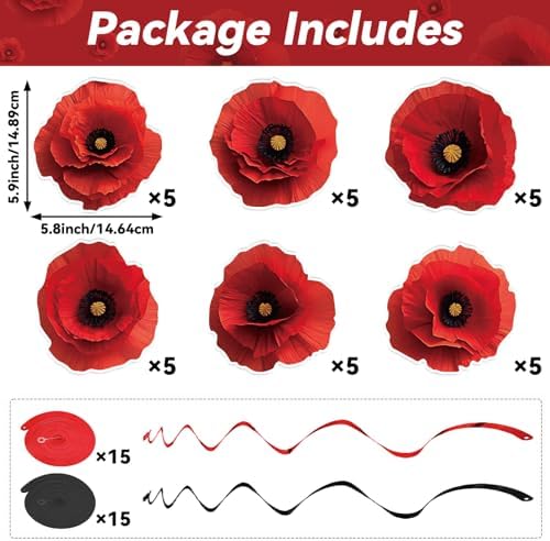 60Pcs Artificial Red Poppy Flowers Hanging Swirls Decorations Halloween Poppies Fake Flowers Ceiling Hanging Streamers Floral Birthday Party Ornaments for Witch Birthday Shower Party Favor Supplies - Image 2