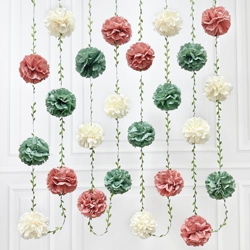 Sage Green Dusty Rose Pink Beige Tissue Paper Flowers Pom Pom with Leaf Ribbon Hanging Garland Streamer for Girl Safari Woodland Jungle Birthday Wedding Shower Garden Party Decorations Supplies by pinkblume