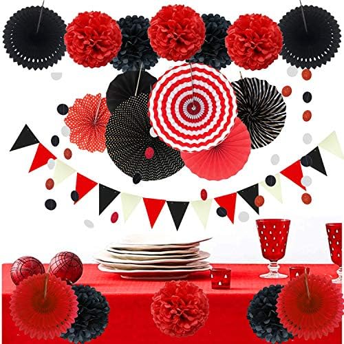 ZERODECO Party Decoration, 21 Pcs Black and Red Hanging Paper Fans Pom Poms Flowers, Garlands String Polka Dot and Triangle Bunting Flags for Minnie Mouse Birthday Parties Baby Showers Wedding - Image 6