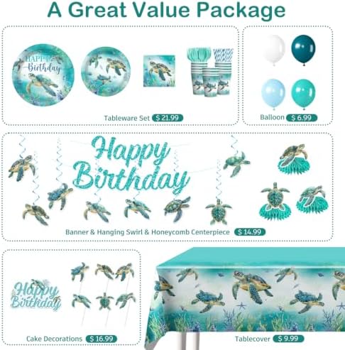 Xynic 205Pcs Turtle Birthday Decorations Tableware Set, 25 Serves - Image 3