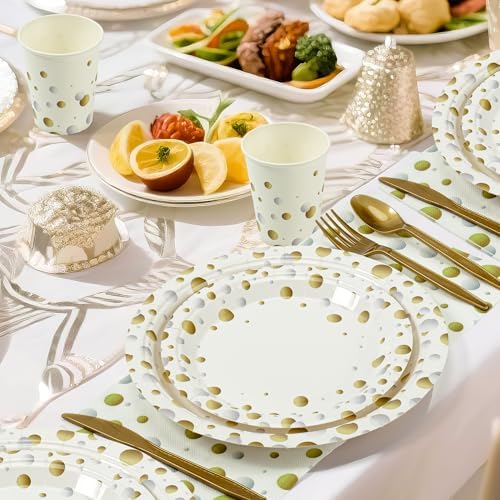 White and Gold Dots Party Plates,168PCS Birthday Tableware Party Supplies - Image 5