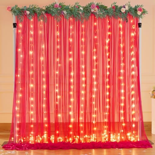 30×10ft Red Tulle Backdrop Curtain with Lights String for Parties, Sheer Photo Backdrop Curtains for Wedding Party Photography Background - Image 4