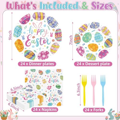 QZYL 96 Pcs Easter Plates and Napkins Set, 9 and 7 Inches Colorful Spring Egg Design Paper Plates Napkins Forks, Disposable Tableware for Easter Decoration Spring Picnic Supplies, Serve 24 Guests - Image 2