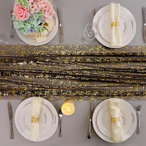 Snowkingdom 10 Pcs Black & Gold Cheesecloth Table Runner 10 FT, Sheer Chiffon Sparkle Gauze Mesh Runners 120 Inch, Glitter Table Centerpieces Decoration for Birthday Party Wedding Christmas Halloween - Image 6