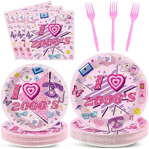 Qyeahkj 100Pcs 2000s Y2K Pink Decorations Party Supplies 90s Plates Napkins Disposable 1990s Tableware Dinnerware Birthday for 90's Kids Bachelorette Favor by Qyeahkj
