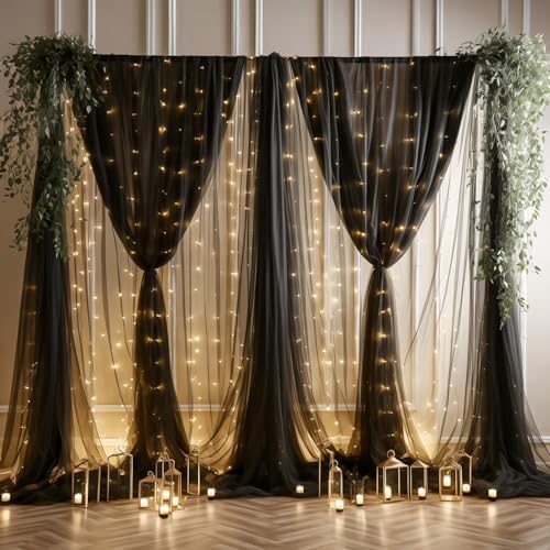 20ft x 10ft Black Backdrop Curtain with Lights String for Parties, Sheer Tulle Wedding Photo Backdrops Drapes for Baby Shower Birthday Party Decorations Background for Photography - Image 3