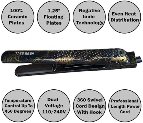 Jose Eber 1.25" Pure Ceramic Flat Iron, Black Marble Hair Straightener - Image 2