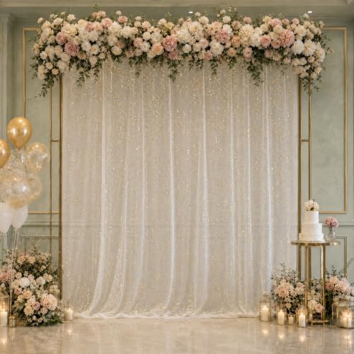 Bupelo White Tulle Backdrop Curtains with Gold Foil 15x8ft Sheer Curtain by Bupelo