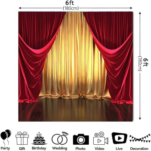 3D Rendering Theater Stage Theme Photography Backdrops Golden and Red Curtains Photo Studio Props Vinyl Background for Wedding Birthday Party Decoration Banner 6x6ft - Image 3