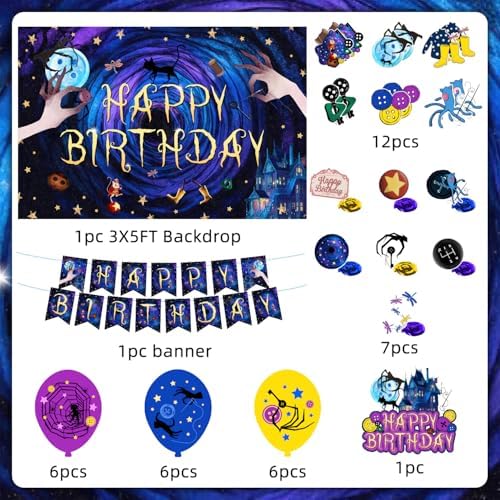 40Pcs Horror Birthday Party Decorations Blue Purple Theme Birthday Party Supplies Including Banner Hanging Swirls Balloons Backdrop Cake Toppers and Cupcake Toppers for Halloween Parties Decorations - Image 3