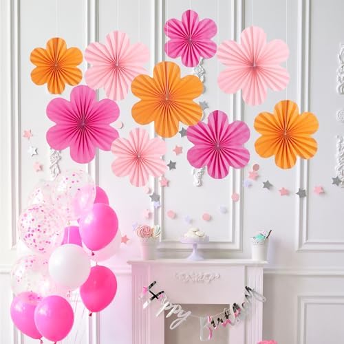 SUNBEAUTY 9 Pcs Hot Pink and Orange Paper Flowers Decorations for Wall, Spring Summer Vibrant Decorations for Wall Rock Party Girl Groovy Birthday Baby Shower Wedding Bachelorette Room Hanging Decor - Image 6
