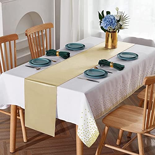 16Pack Disposable Plastic Tablecloths and Satin Table Runner Set White and Gold Dot Tablecloth Gold Satin Table Runner for Wedding Birthday Baby Shower Anniversary Christmas New Year Party Decorations - Image 4