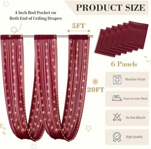 6 Panels Burgundy Ceiling Curtains with Lights for Weddings - 5ftx20ft Wrinkle-Free Tulle Fabric Wedding Arch Draping Ceiling Drapes Decorations for Wedding Party Ceremony Stage Tent Event - Image 2