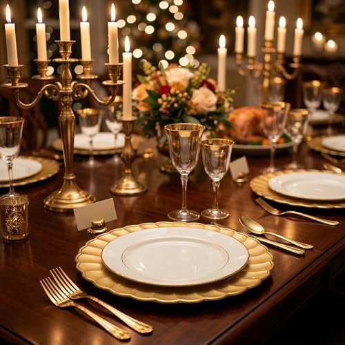 13 Inch Gold Scalloped Charger Plates with Gold Rim (Set of 6), Round Wave Plastic Serving Plates for Weddings, Bridal Showers, Birthday Parties, Catering & Table Decorations - Image 2