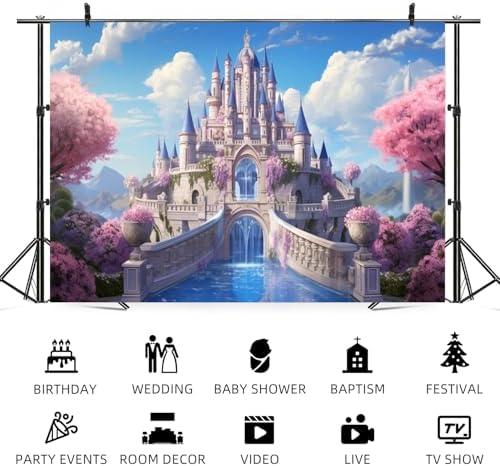 12x6ft Princess Castle Backdrop Pink Floral Blue Sky Photography Background White Cloud Forest Mountain Girls Birthday Baby Shower Banner Decorations Wedding Party Portrait Photo Booth Prop - Image 5