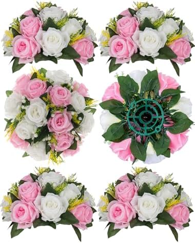 BLOSMON Flower Balls Centerpieces for Table: 6 Pcs Pink White Faux Roses by Blosmon