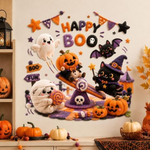 1 Sheet Halloween Wall Sticker Funny Cute Ghost Pumpkin Bat Cat Wall Decal Self Adhesive Happy Boo Living Room Classroom Party Decoration Lndoor Living Room Bedroom Wall Decoration Supplies - Image 7