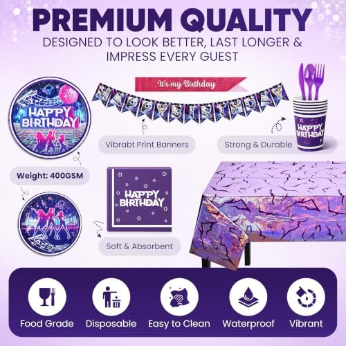 198 Pcs KPop Birthday Party Supplies for Girls – Music Theme Birthday Decorations for 24 Guests | Plates, Dessert Plates, Cups, Napkins, Knives, Forks, Spoons, Balloons, Banner & Tablecloth - Image 2
