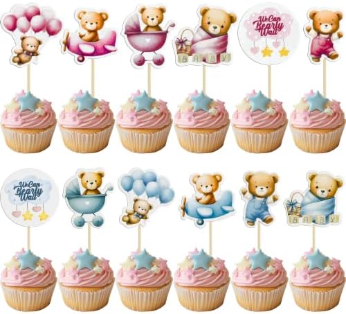 Gyufise 36Pcs Bear Cupcake Toppers Bear Cupcake Picks Baby Carriage Bottle Balloon We can Bearly Wait Cake Decorations for Baby Shower Gender Reveal Kids Birthday Party Supplies Blue Pink Coffee by Gyufise